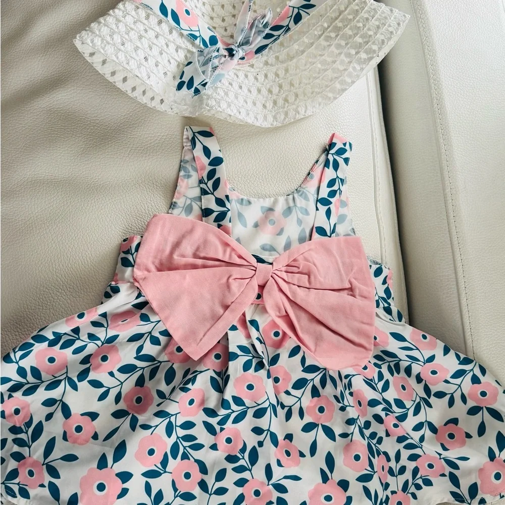 Floral Dress with Pink Bow and Hat